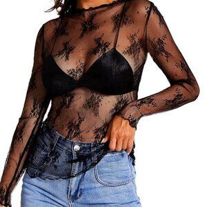 Lace Tops for Women Long Sleeve Mesh Top Mock Neck Sheer Blouse See Through Lace